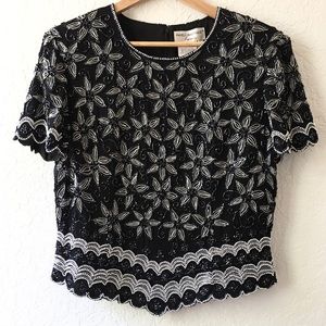 vintage floral beaded sequin silk holiday top